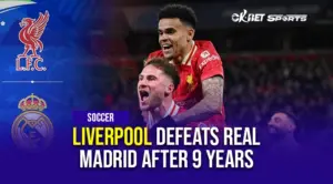 Liverpool vs Real Madrid image of 3 person celebrating after a goal with an overlay text