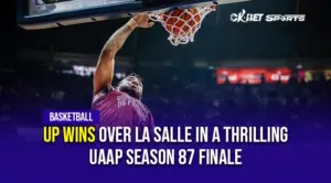 UP Image of a man dunking ball in ring with overlay text