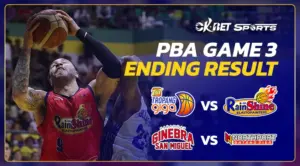 a image of 2 man playing basketball with overlay text ending result