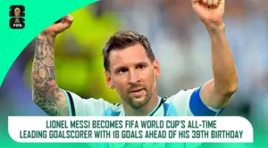 Lionel Messi celebrates after scoring his record-breaking 18th FIFA World Cup goal for Argentina against Austria in 2026.